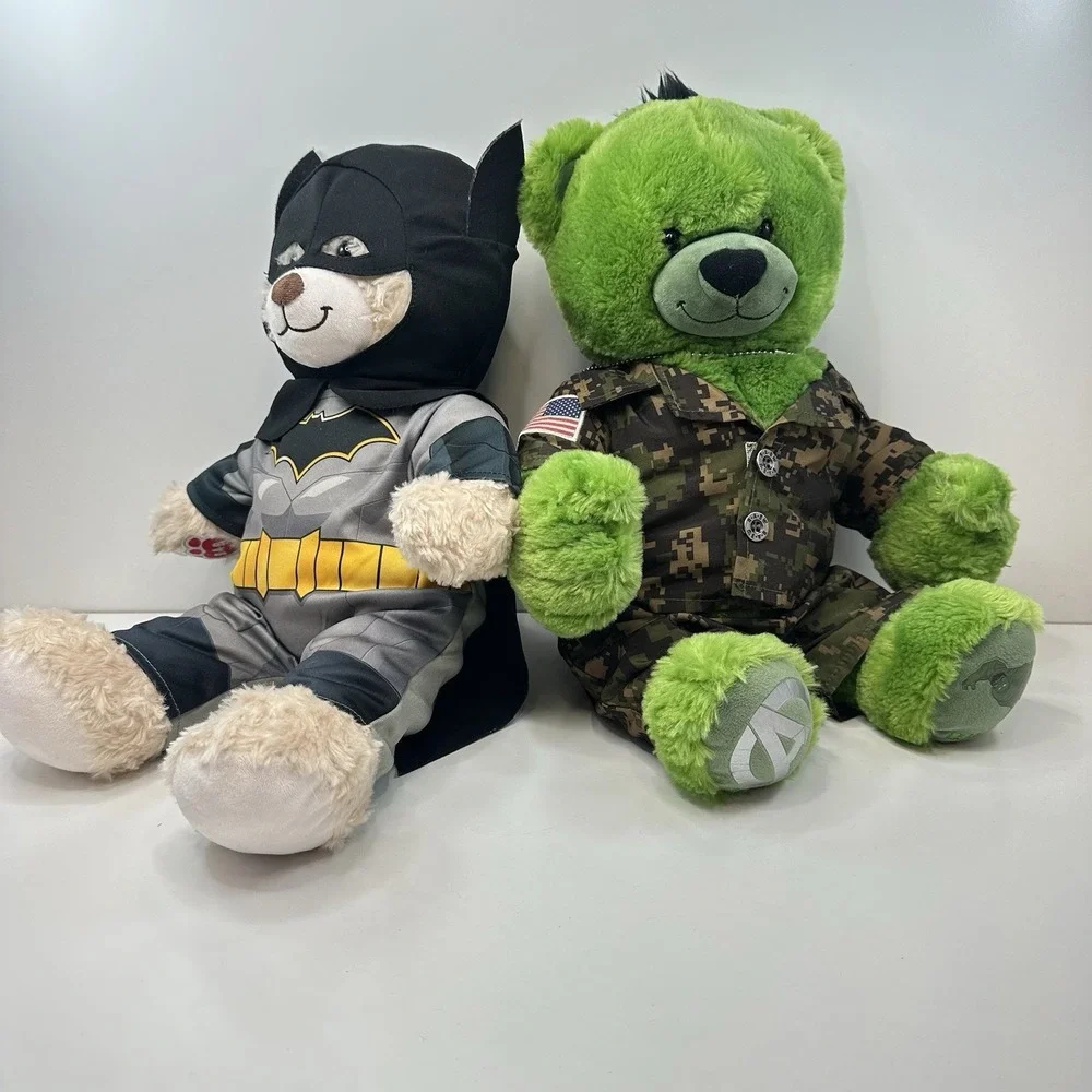 Build A Bear Super Hero Lot of 2 Bears Hulk in Fatigues and Batman with Mask